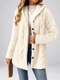 Women's Hooded Teddy Fleece Coat with Cable Knit Texture and Button Front