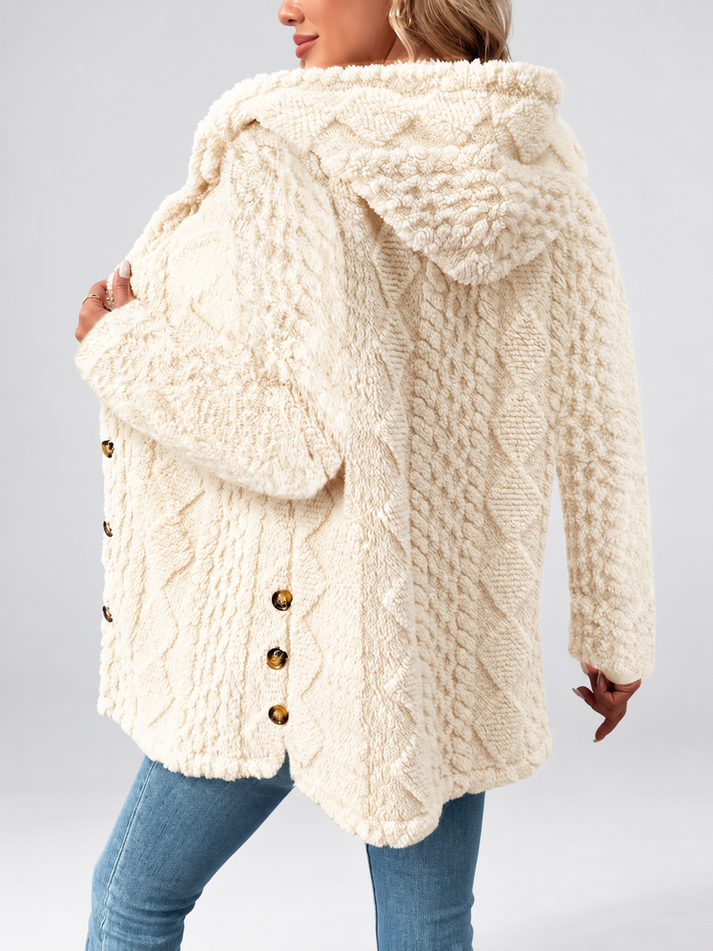 Women's Hooded Teddy Fleece Coat with Cable Knit Texture and Button Front