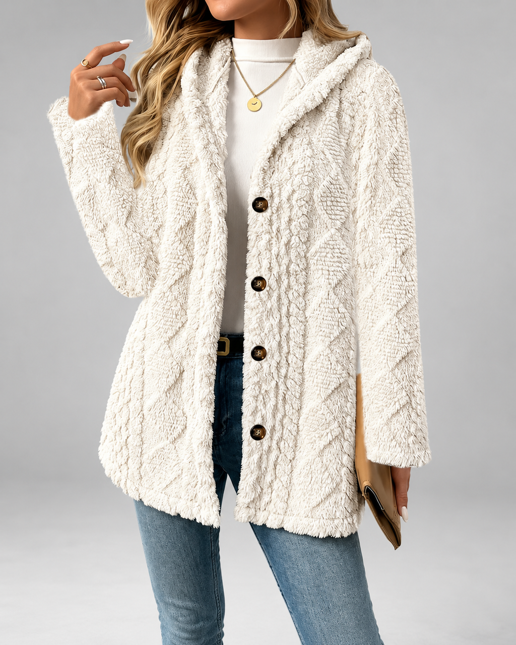 Women's Hooded Teddy Fleece Coat with Cable Knit Texture and Button Front