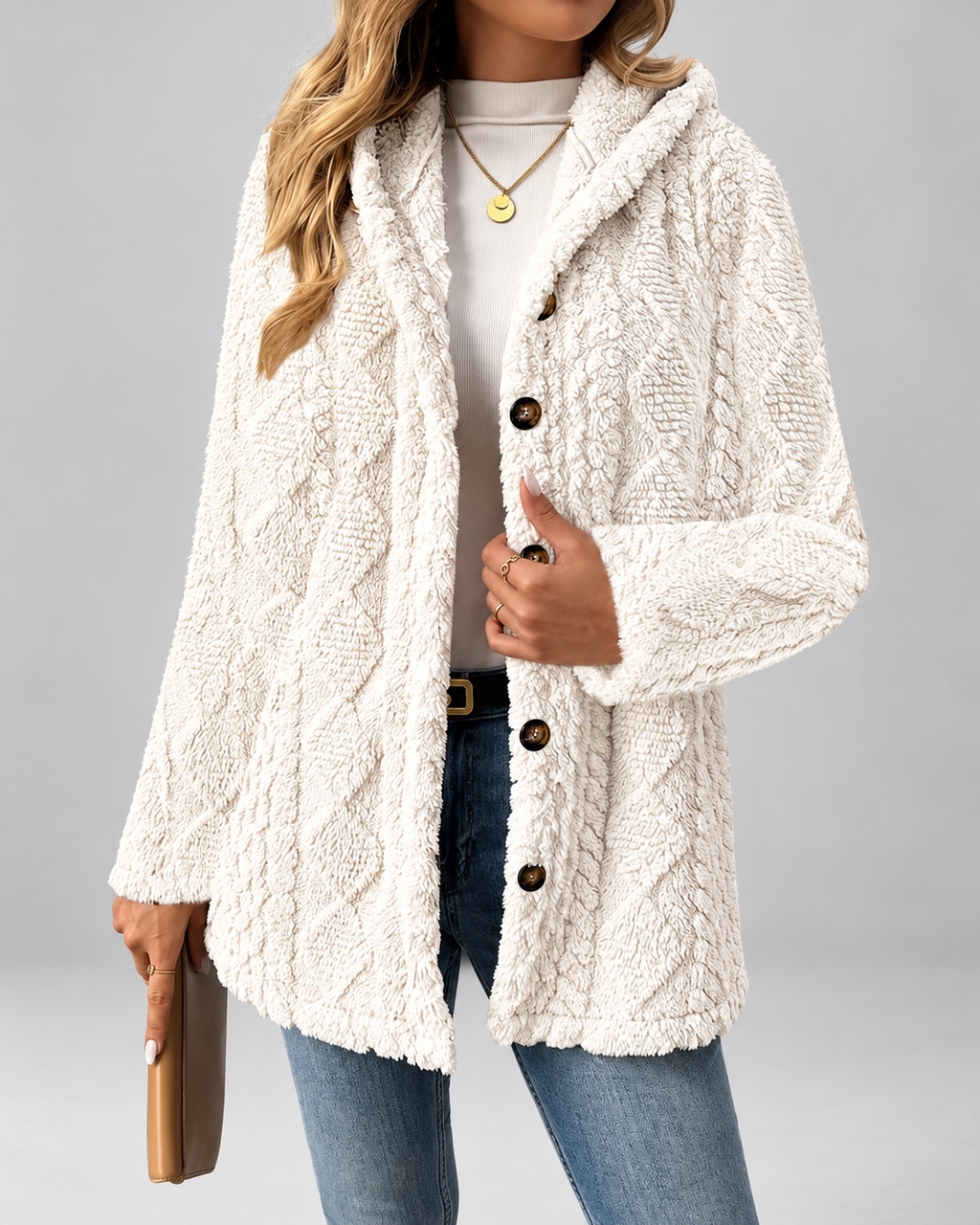 Women's Hooded Teddy Fleece Coat with Cable Knit Texture and Button Front