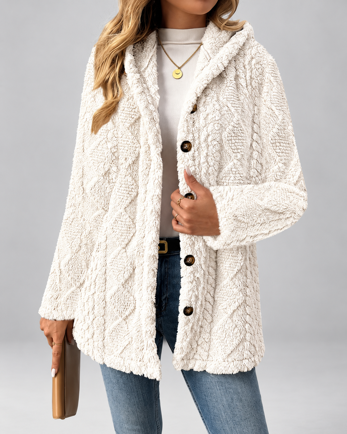 Women's Hooded Teddy Fleece Coat with Cable Knit Texture and Button Front
