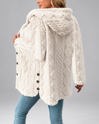 Women's Hooded Teddy Fleece Coat with Cable Knit Texture and Button Front