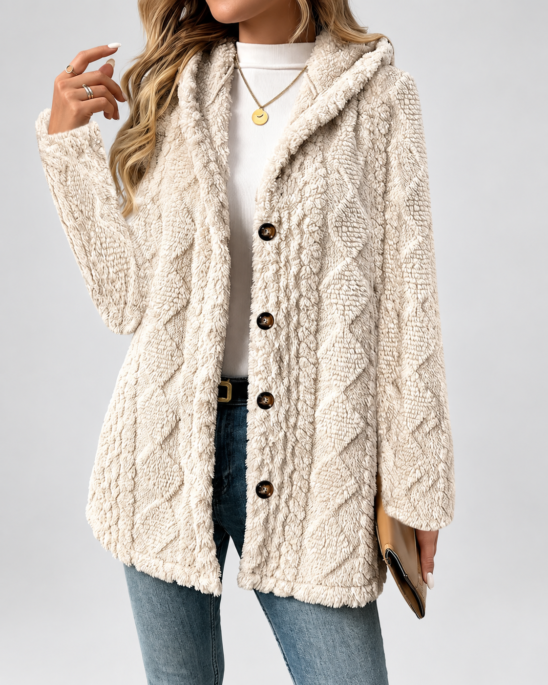 Women's Hooded Teddy Fleece Coat with Cable Knit Texture and Button Front