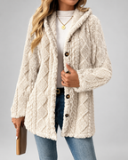 Women's Hooded Teddy Fleece Coat with Cable Knit Texture and Button Front