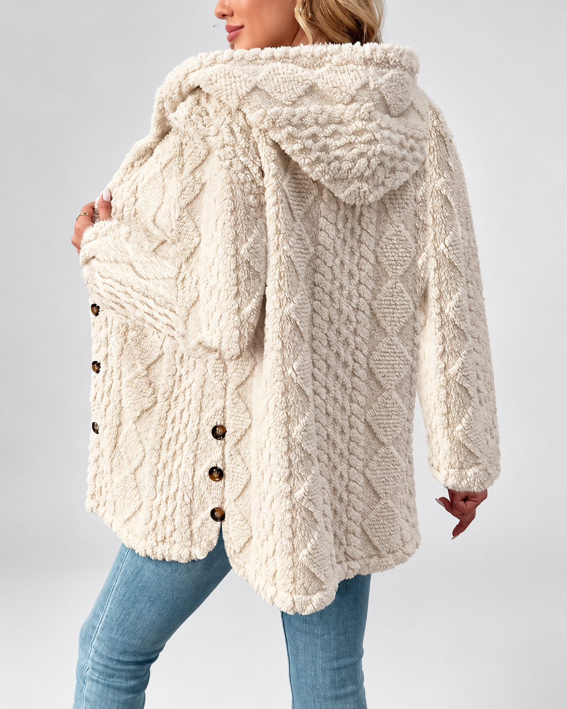 Women's Hooded Teddy Fleece Coat with Cable Knit Texture and Button Front