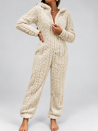 Women's Hooded Teddy Fleece Jumpsuit with Zip Front and Cuffed Ankles in Apricot – Front View