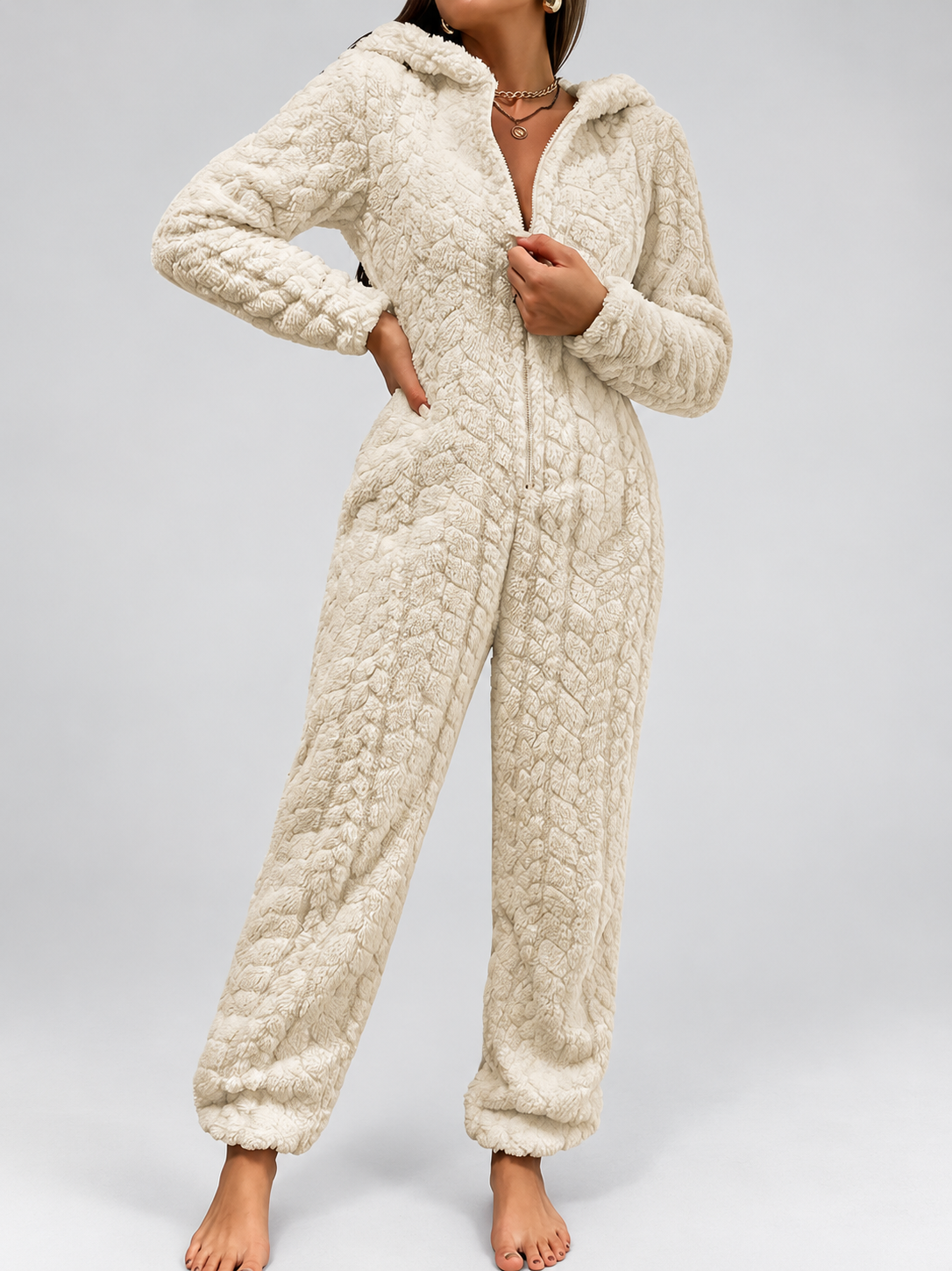 Women's Hooded Teddy Fleece Jumpsuit with Zip Front and Cuffed Ankles in Apricot – Front View