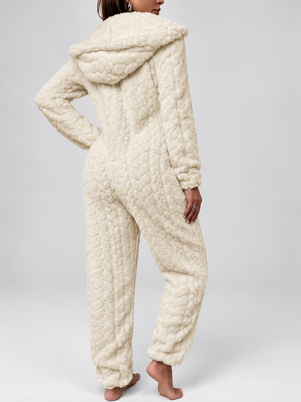Women's Hooded Teddy Fleece Jumpsuit with Zip Front and Cuffed Ankles in Apricot – Back View