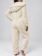 Women's Hooded Teddy Fleece Jumpsuit with Zip Front and Cuffed Ankles in Apricot – Back View