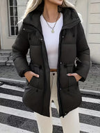 Women's Hooded Utility Jacket with Drawstring Waist and Cargo Pockets