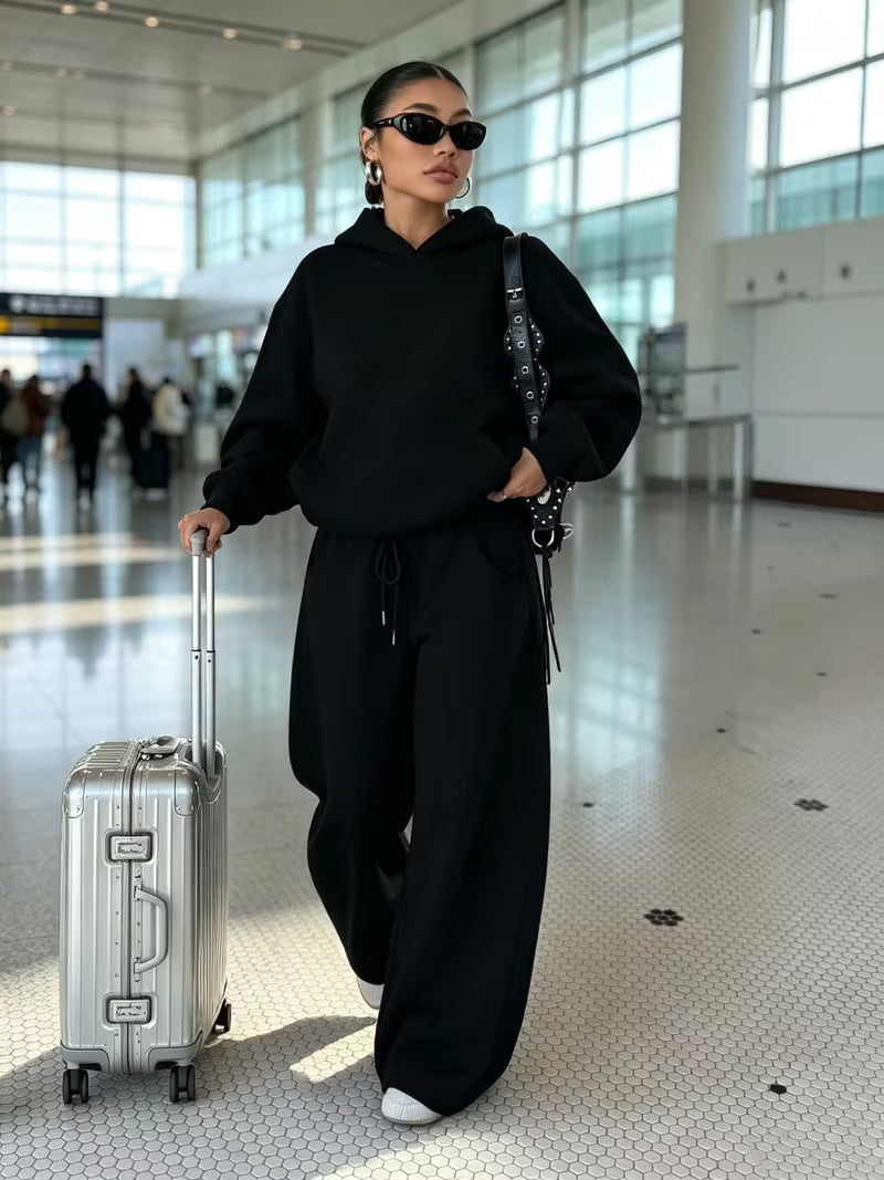 Women's Hooded Co-ord Set with Wide Leg Trousers and Drawstring Waist in Black – Front View