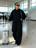 Women's Hooded Co-ord Set with Wide Leg Trousers and Drawstring Waist in Black – Front View