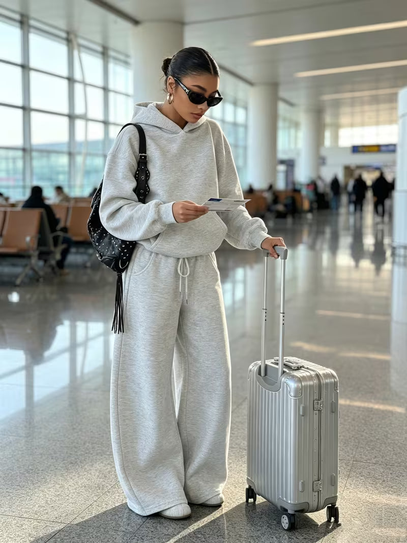 Women's Hooded Co-ord Set with Wide Leg Trousers and Drawstring Waist in Light Grey – Front View