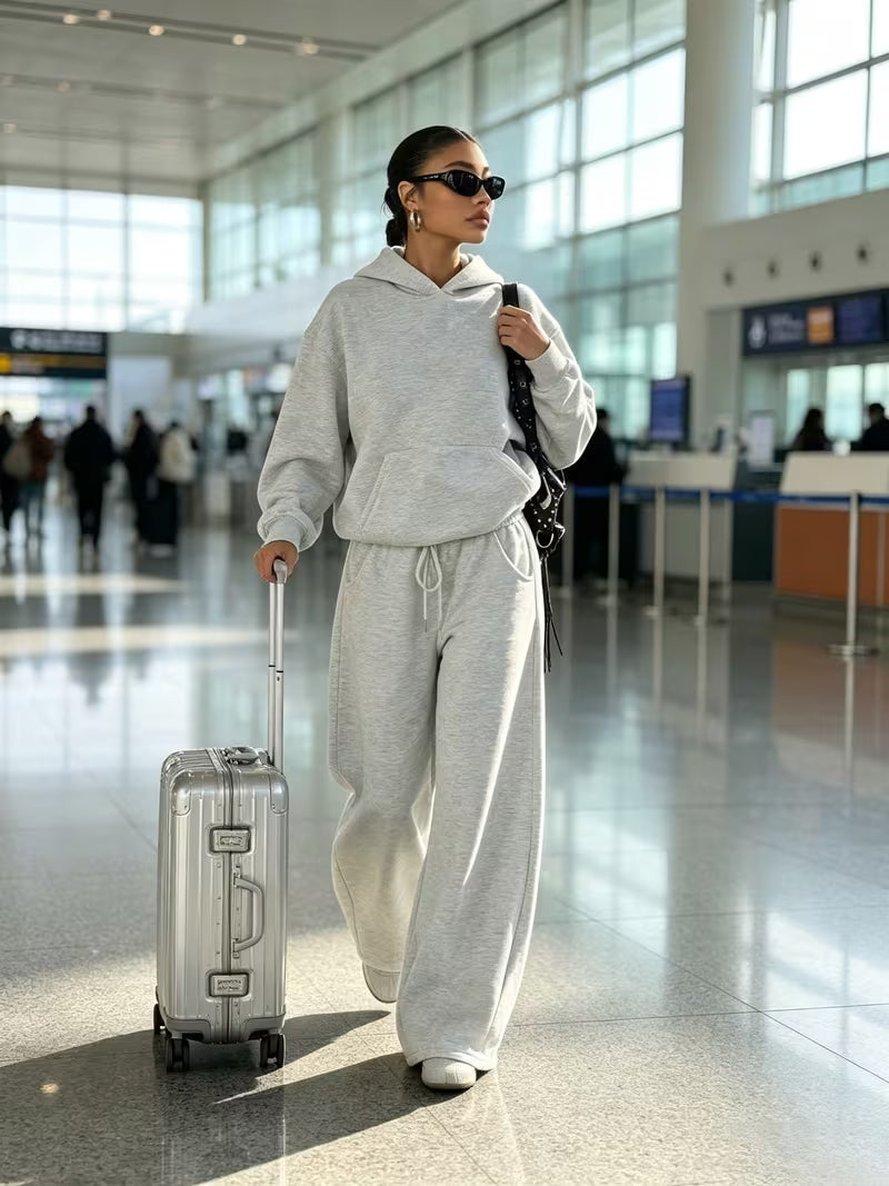 Women's Hooded Co-ord Set with Wide Leg Trousers and Drawstring Waist in Light Grey – Front View