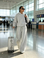 Women's Hooded Co-ord Set with Wide Leg Trousers and Drawstring Waist in Light Grey – Front View