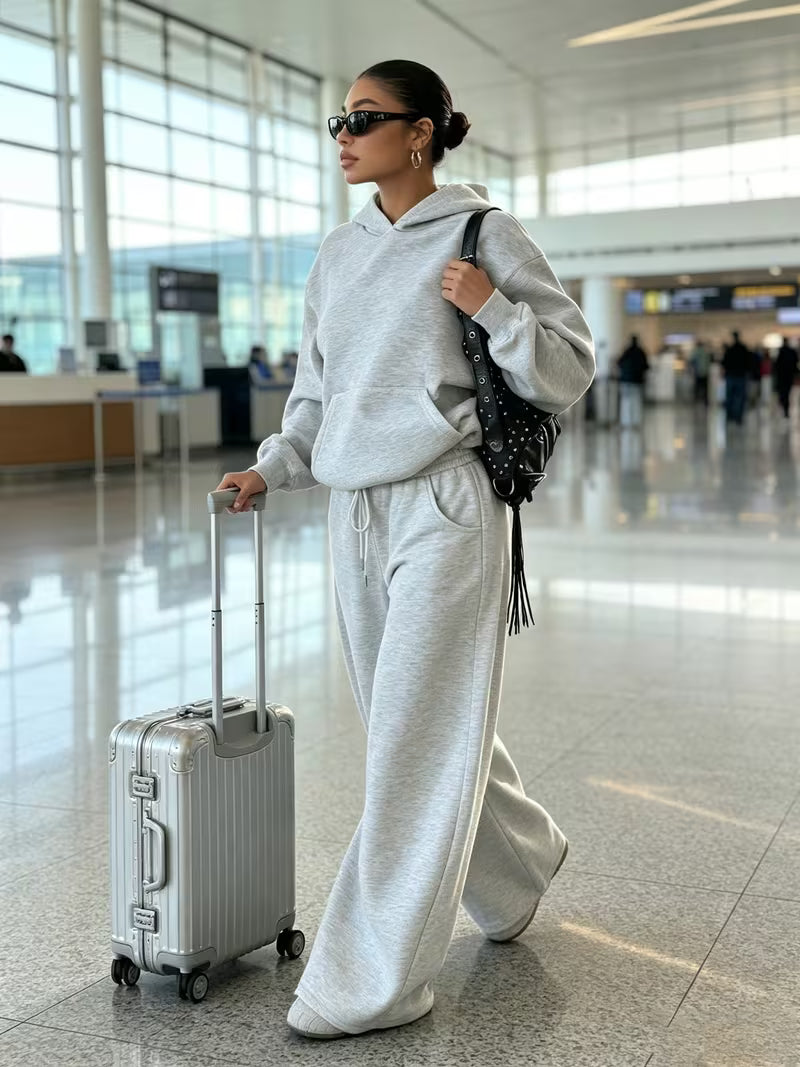 Women's Hooded Co-ord Set with Wide Leg Trousers and Drawstring Waist in Light Grey – Three-Quarter View
