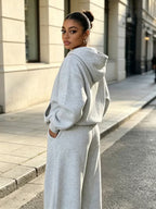 Women's Hooded Co-ord Set with Wide Leg Trousers and Drawstring Waist in Light Grey – Side View