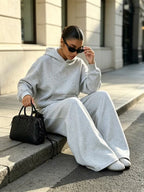 Women's Hooded Co-ord Set with Wide Leg Trousers and Drawstring Waist in Light Grey – Front View