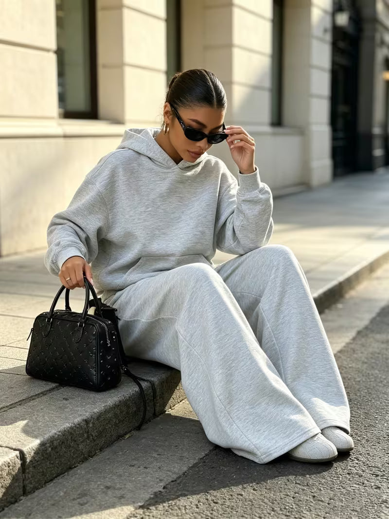 Women's Hooded Co-ord Set with Wide Leg Trousers and Drawstring Waist in Light Grey – Front View