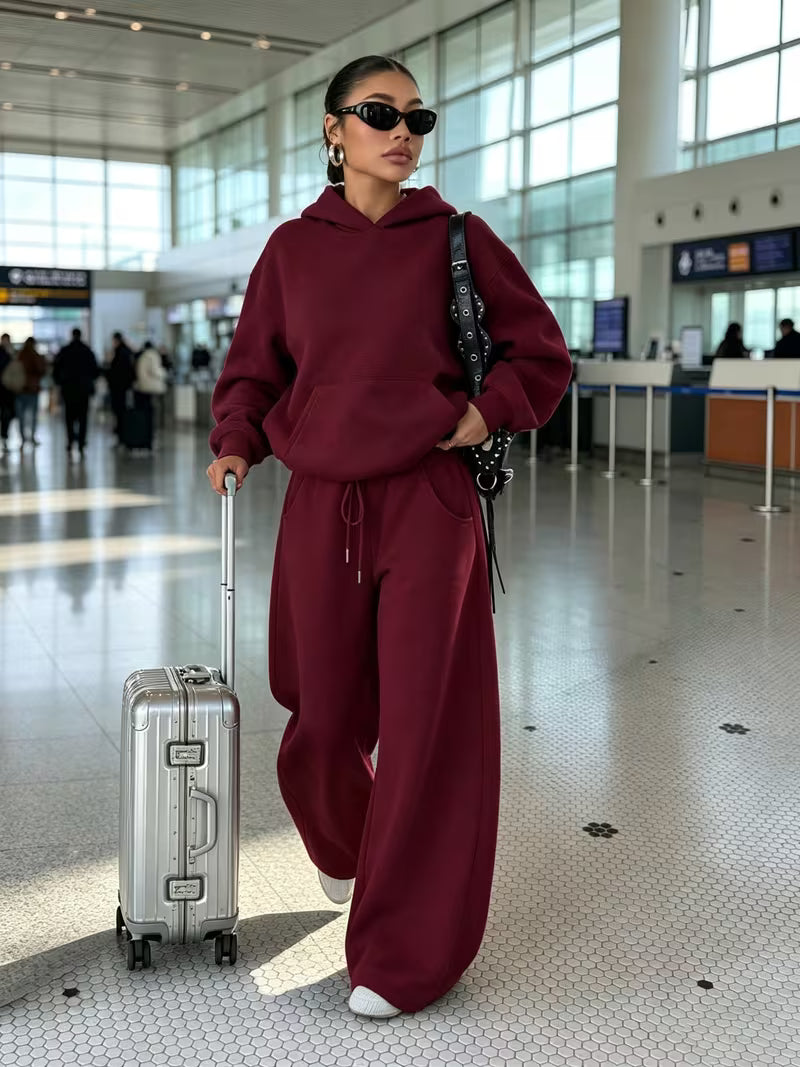 Women's Hooded Co-ord Set with Wide Leg Trousers and Drawstring Waist in Burgundy – Front View