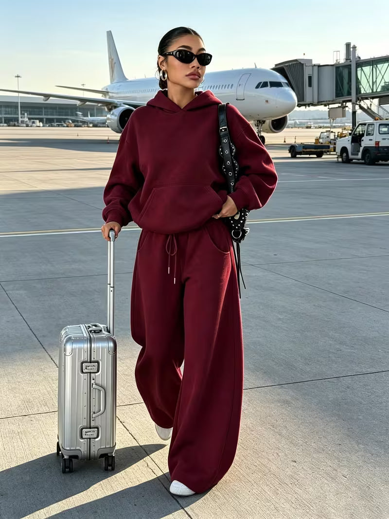 Women's Hooded Co-ord Set with Wide Leg Trousers and Drawstring Waist in Burgundy – Front View