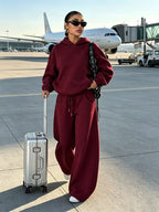 Women's Hooded Co-ord Set with Wide Leg Trousers and Drawstring Waist in Burgundy – Front View