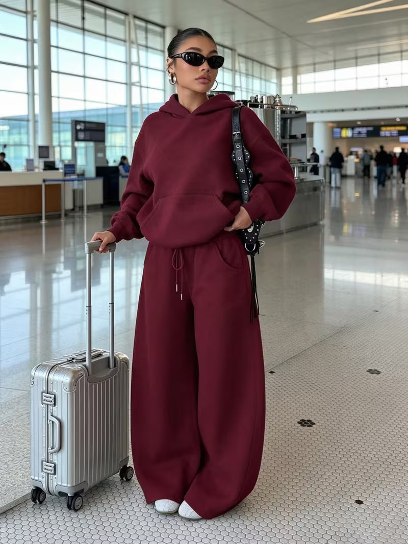 Women's Hooded Co-ord Set with Wide Leg Trousers and Drawstring Waist in Burgundy – Front View