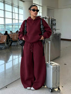 Women's Hooded Co-ord Set with Wide Leg Trousers and Drawstring Waist in Burgundy – Front View
