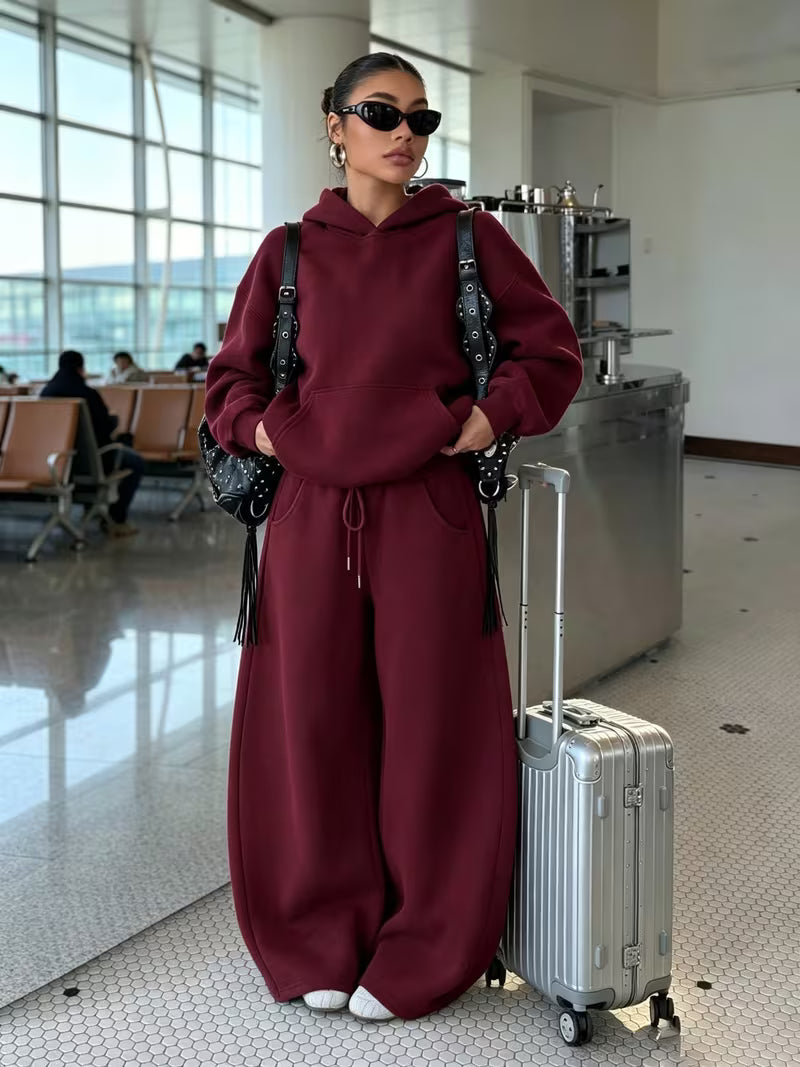 Women's Hooded Co-ord Set with Wide Leg Trousers and Drawstring Waist in Burgundy – Front View