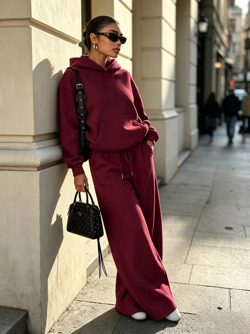 Women's Hooded Co-ord Set with Wide Leg Trousers and Drawstring Waist in Burgundy – Three-Quarter View
