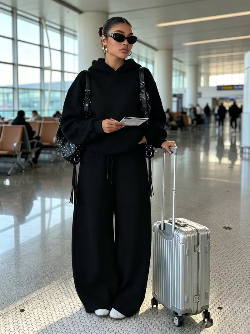 Women's Hooded Co-ord Set with Wide Leg Trousers and Drawstring Waist in Black – Front View