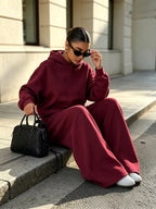 Women's Hooded Co-ord Set with Wide Leg Trousers and Drawstring Waist in Burgundy – Front View