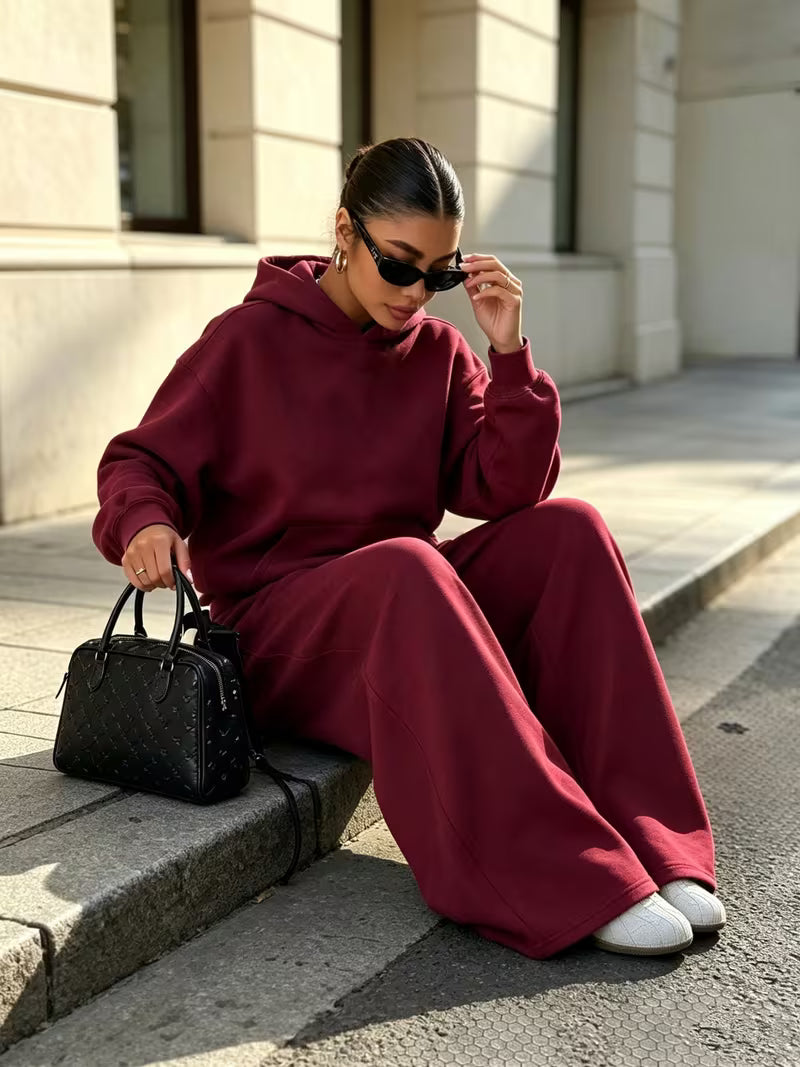 Women's Hooded Co-ord Set with Wide Leg Trousers and Drawstring Waist in Burgundy – Front View