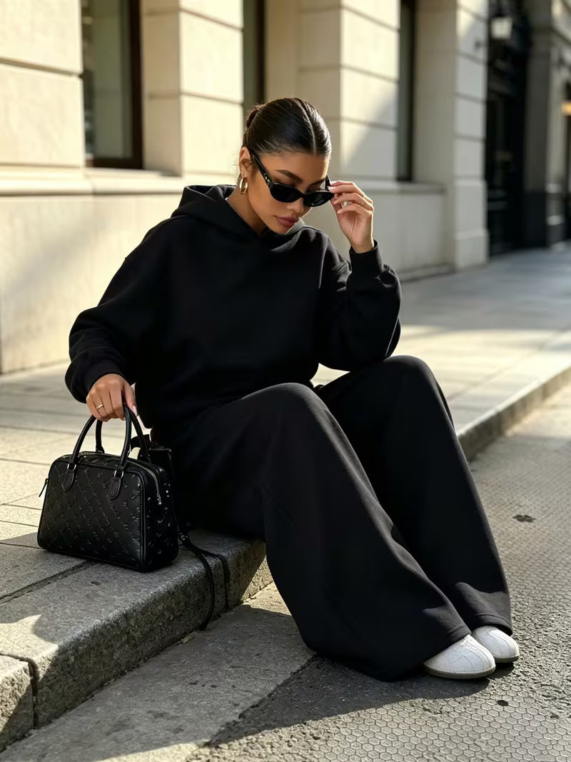 Women's Hooded Co-ord Set with Wide Leg Trousers and Drawstring Waist in Black – Front View