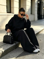 Women's Hooded Co-ord Set with Wide Leg Trousers and Drawstring Waist in Black – Front View