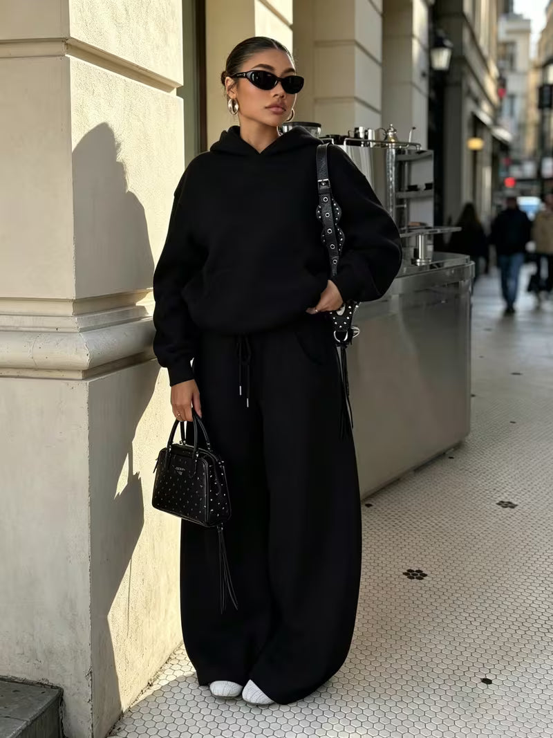Women's Hooded Co-ord Set with Wide Leg Trousers and Drawstring Waist in Black – Three-Quarter View