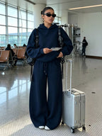 Women's Hooded Co-ord Set with Wide Leg Trousers and Drawstring Waist in Navy – Front View