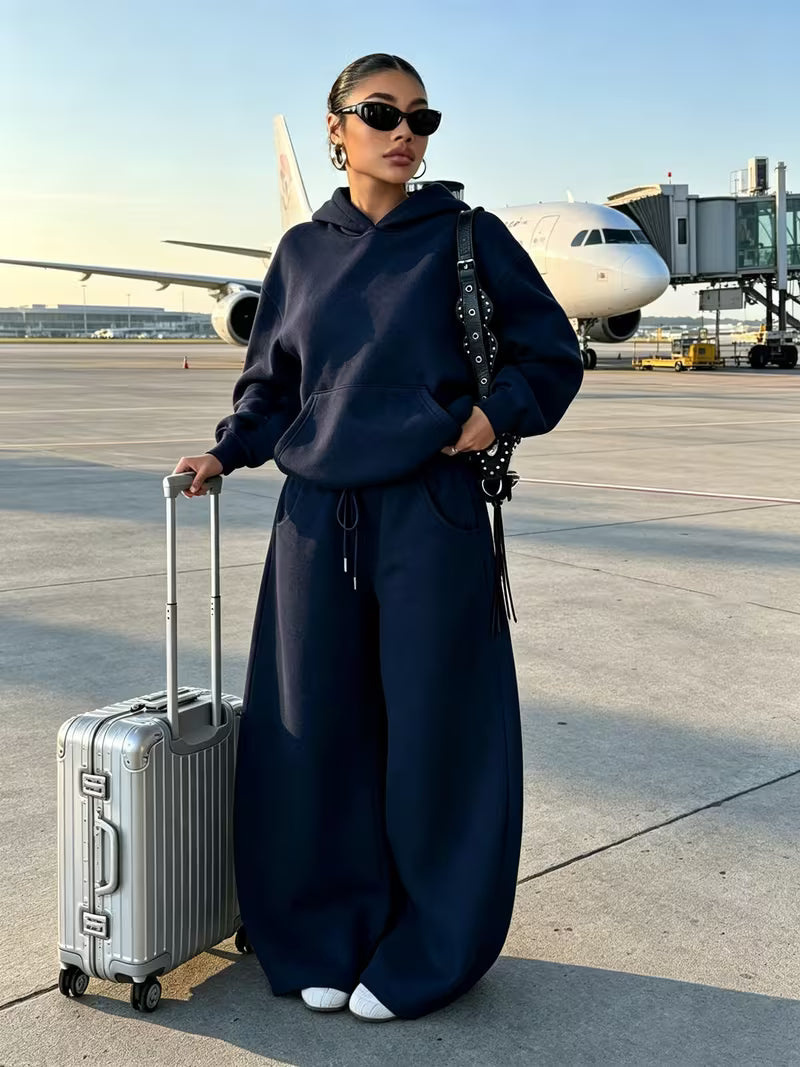 Women's Hooded Co-ord Set with Wide Leg Trousers and Drawstring Waist in Navy – Front View