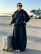 Women's Hooded Co-ord Set with Wide Leg Trousers and Drawstring Waist in Navy – Front View