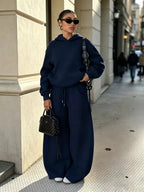 Women's Hooded Co-ord Set with Wide Leg Trousers and Drawstring Waist in Navy – Three-Quarter View