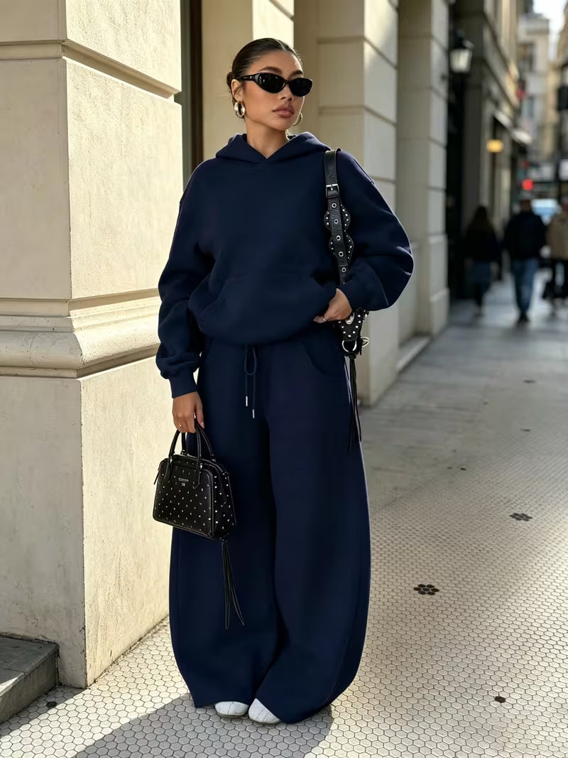 Women's Hooded Co-ord Set with Wide Leg Trousers and Drawstring Waist in Navy – Three-Quarter View