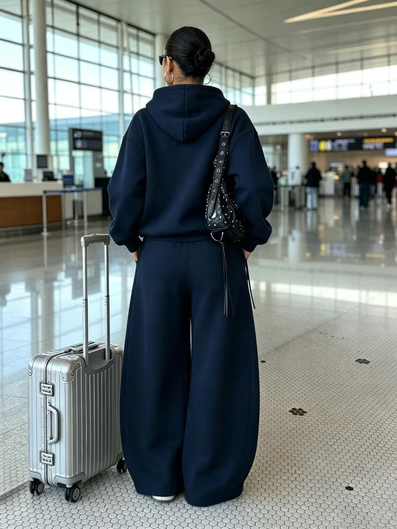 Women's Hooded Co-ord Set with Wide Leg Trousers and Drawstring Waist in Navy – Back View