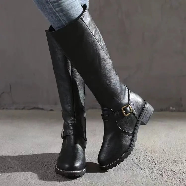 Women's Faux Leather Knee High Riding Boots with Buckle