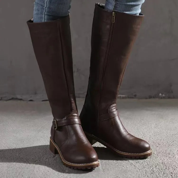 Women's Faux Leather Knee High Riding Boots with Buckle