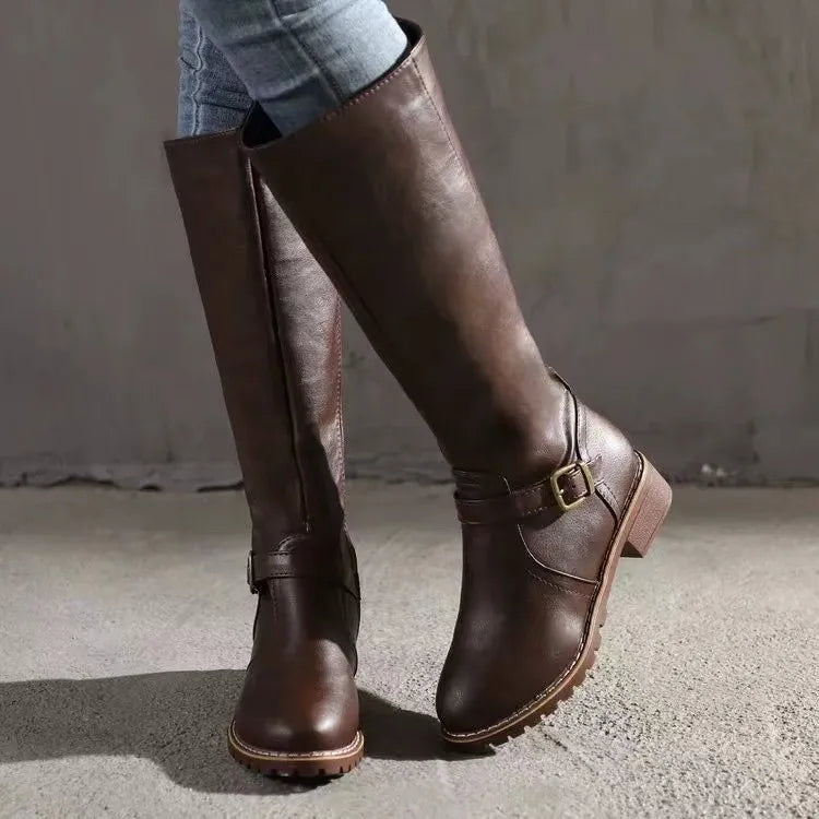 Women's Faux Leather Knee High Riding Boots with Buckle