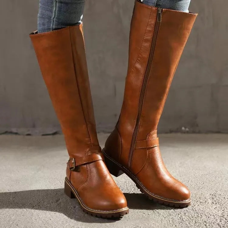 Women's Faux Leather Knee High Riding Boots with Buckle