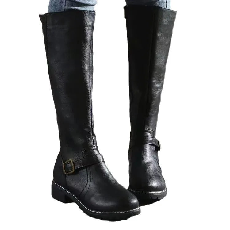 Women's Faux Leather Knee High Riding Boots with Buckle