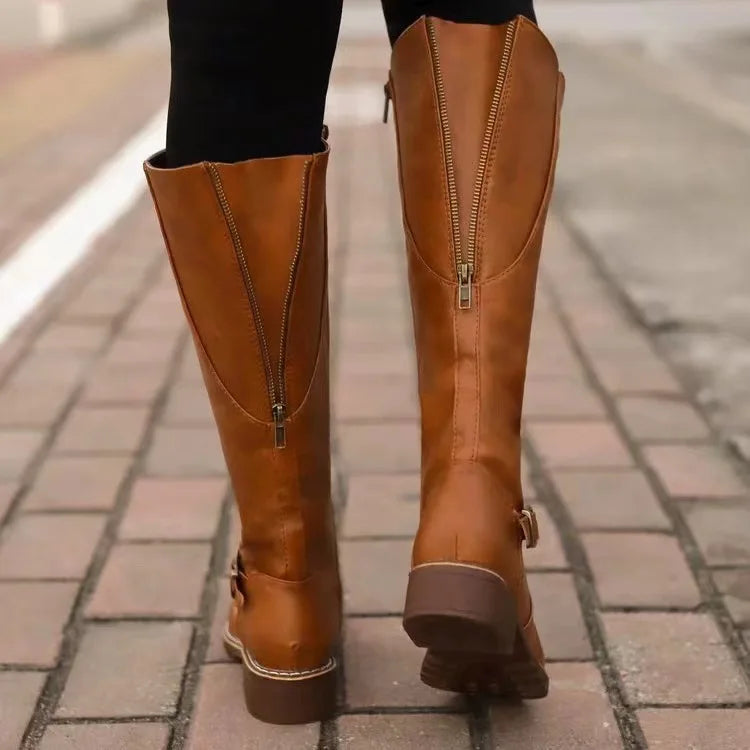 Women's Faux Leather Knee High Riding Boots with Buckle