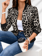 Women's Leopard Print Bomber Jacket with Zip Front and Ribbed Trims in Black – photo 1