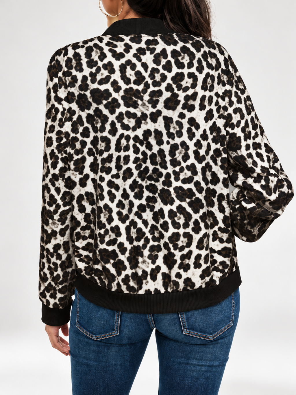 Women's Leopard Print Bomber Jacket with Zip Front and Ribbed Trims in Black – photo 2